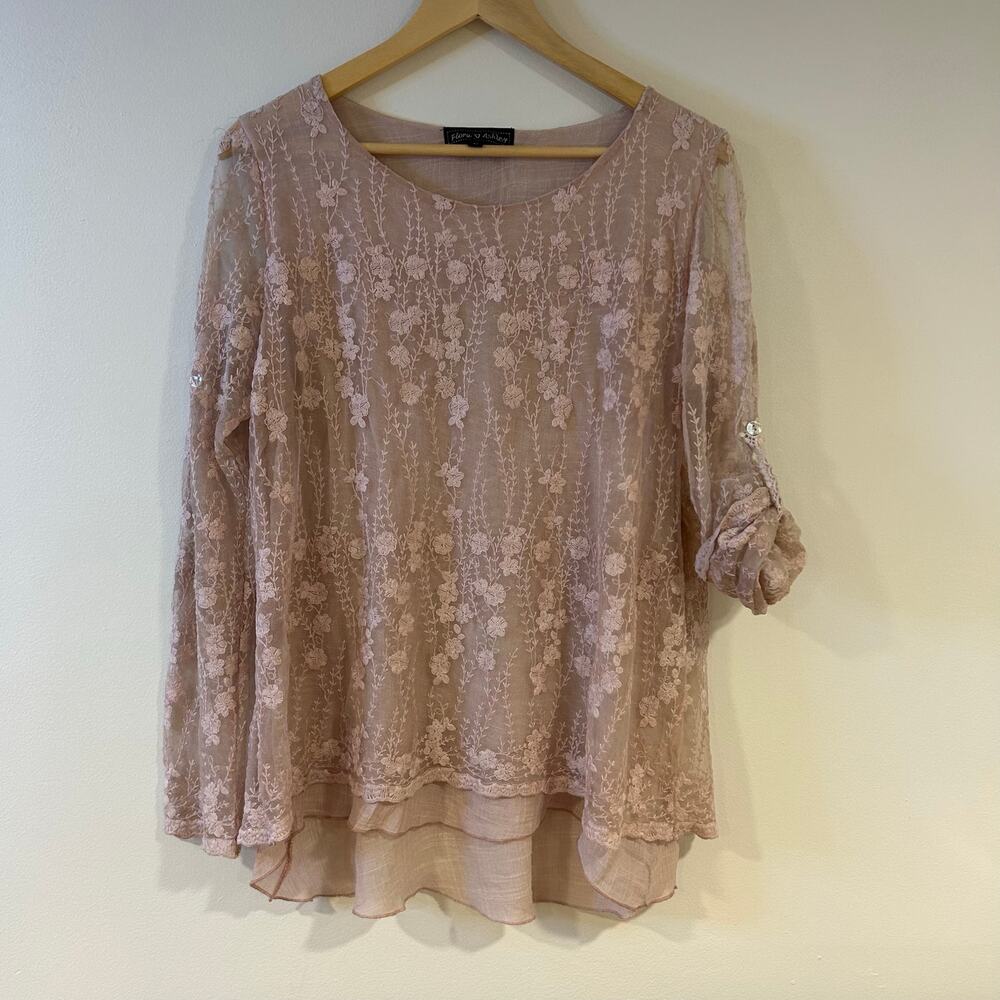 FLORA ASHLEY Sz M Dusty Pink Sheer Floral Embroidery Flutter Hem Crocheted